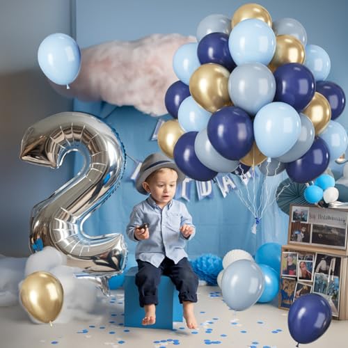 Image of Jobkoo Navy Blue Gold Balloons, 12 Inch Dusty Light Blue Golden Latex Balloon Set for Boys Birthday Winter Wonderland Wedding Baby Shower Party Decorations