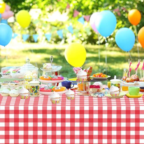 Image of WNINK 3 Pack Red Gingham Tablecloth Rectangular Red and White Checkered Tablecloths Disposable Plastic Red Plaid Table Cover for Parties, Christmas, Outdoor Picnic, Birthday, Wedding, Camping 54 x 108