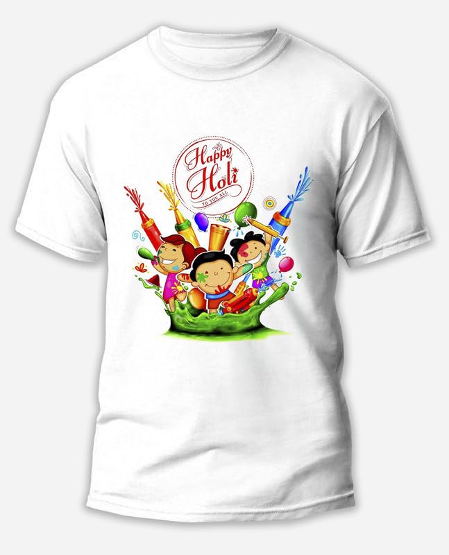 Image of Knitted Polycotton Fabric Regular Fit Men Boys Half Sleeve T-Shirt for Festival of Holi Style 18 White Size : Free