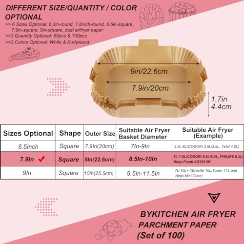 Image of BYKITCHEN Air Fryer Liners Square, 100pcs 7.9 Inch Air Fryer Parchment Paper Liners Disposable, Large Greaseproof Paper for Air Fryer, Compatible with COSORI, Ninja, Tower Cosori (Unbleached)