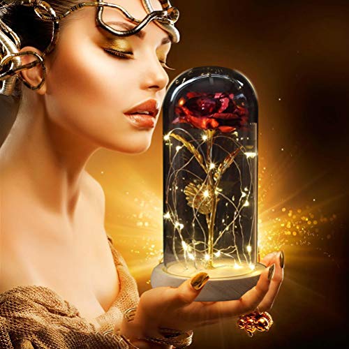 Beauty And The Beast Rose, Forever Rose With Led Light In Glass Dome For Valentine's Day Mothers Day Wedding Anniversary (Red Gold Rose.1) #TOP4