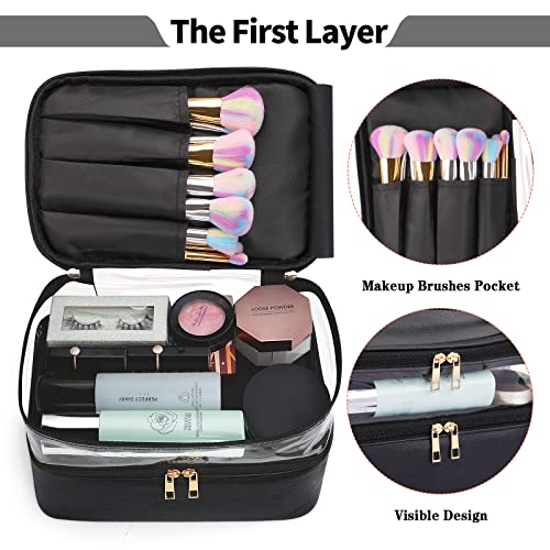 Magefy 2 Pcs Travel Cosmetic Bags Leather Double Layer Organizer Clear Toiletry Bag Black Makeup Bags For Women Gifts With Adjustable Dividers #TOP1