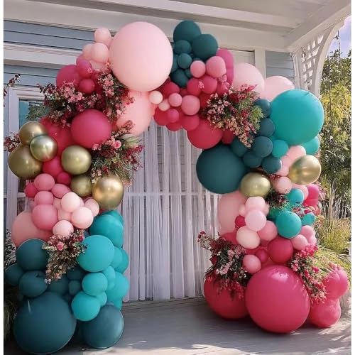 Image of Teal Blue Pink Balloon Garland, Double Stuffed Hot Light Pink Dusty Blue Gold Balloon Arch Kit for Summer Birthday Baby Shower Gender Reveal Tropical Party Decoration