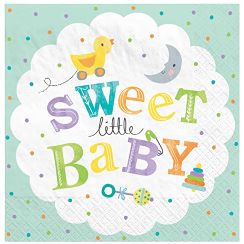 Image of Multicolor Sweet Little Baby Napkins - Pack Of 16 - Adorable & Fun Design, Soft & Absorbent Paper Napkins - Perfect For Celebrations & Themed Parties, 5 inch x 5 inch