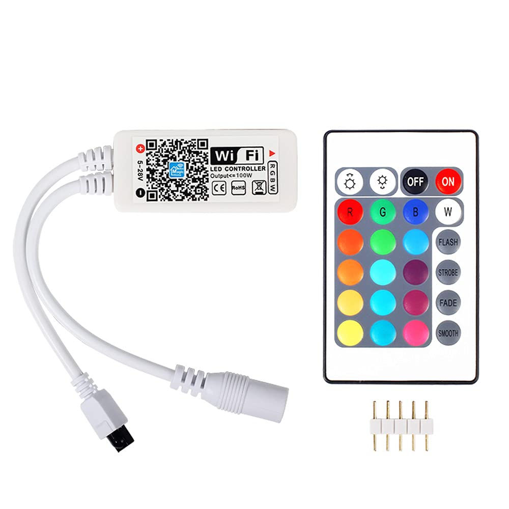 Controlador LED inteligente inalámbrico WiFi, Mini tira de luz LED RGB 24 teclas Control remoto IR, Alexa Magic Google Home Smartphone App Control con sistema iOS Android, Temporizador de voz y