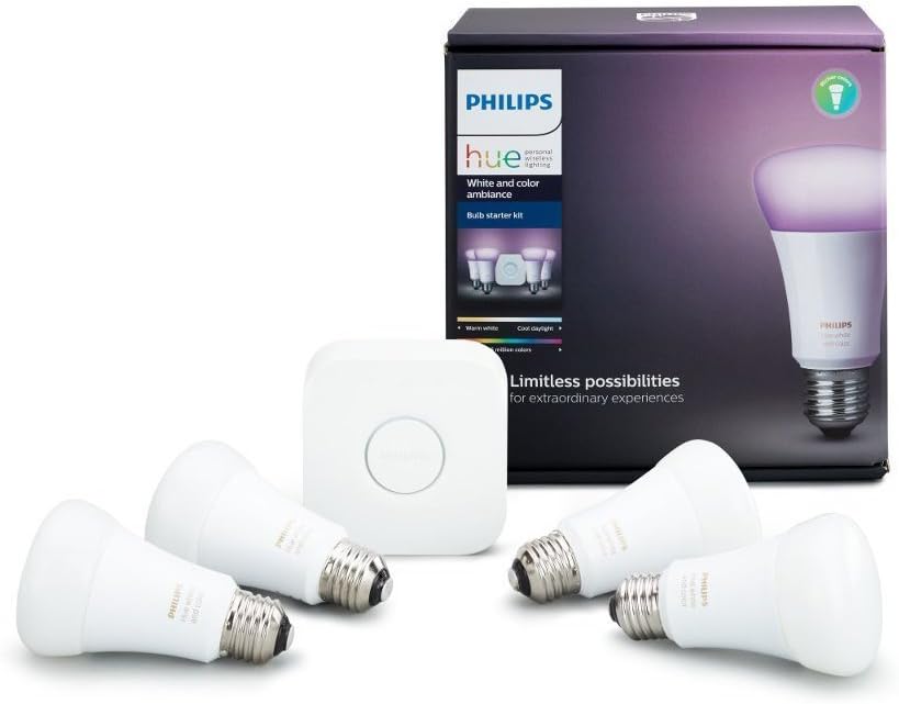 White and Color Ambiance A19 60W Equivalent LED Smart Bulb Starter Kit (4 A19 Bulbs and 1 Hub Compatible with Amazon Alexa Apple HomeKit and Google Assistant)