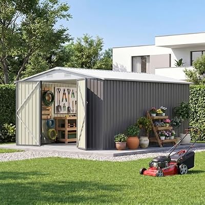Patiowell 10 x 12 FT Outdoor Metal Storage Shed, Heavy-Duty Shed Storage with Lockable Doors and Steel Frame, Utility Tool Outside Large Storage Shed for Garden, Patio, Backyard, Gray