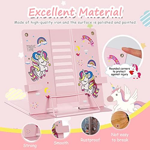 Housolution Desk Book Stand,Metal Reading Rest Book Holder, Adjustable Cookbook Holder,Documents Holder Portable Sturdy, Bookstands for Recipes with 7 Adjustable Reading Angles, Pink Unicorn