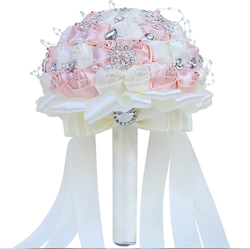 Miniatura 6 de Ramo de novia de boda real hecho a mano, ramos de flores artificiales con cinta de satén, perlas de diamantes de imitación para novia, ramo de boda