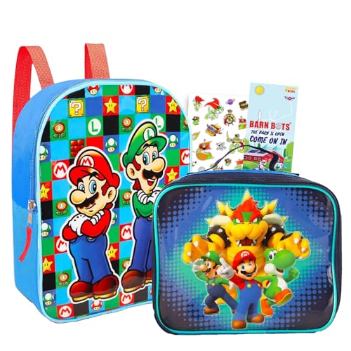 Super Mario Conjunto de mini mochila e lancheira Bros – Pacote com mochila Mario de 28 cm, lancheira, adesivos, garrafa, mais | Luigi School Supplies for Kids