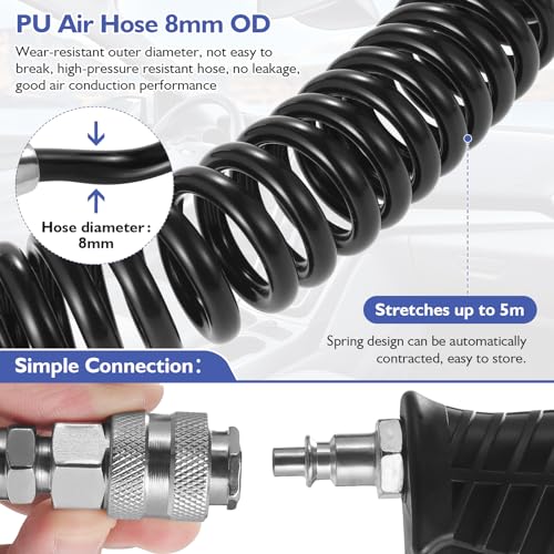 Habwea Ausblaspistole LKW Druckluftpistole 5M Druckluftschlauch Luftpistole mit T Stück Schnellkupplung(2 * 6mm) für LKW Auto PKW Boot