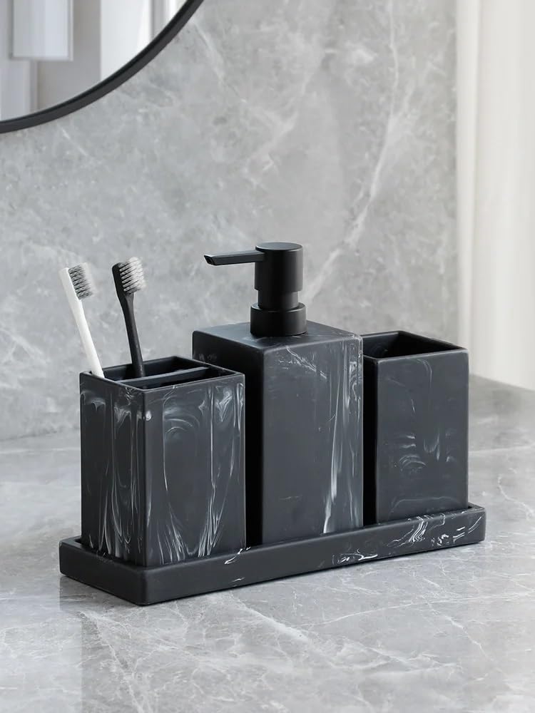 Accesorios BañO Set Accesorios De Baño Dispensador Jabón Y Loción con Diseño Mármol Completo, Soporte For Material Resina, Blanco Negro(White 4 pcs)