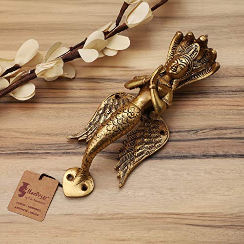 Image of Two Moustaches 8.5 Inches Nagkanya Design Brass Door Handle, Snake Lady Door Handle, Handles for Main Door, Door Pulls, Standard Size, Antique Yellow, Pack of 1