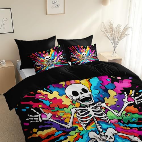 Housse de couette noir 200x200 dessin animé crâne pour chambre ado