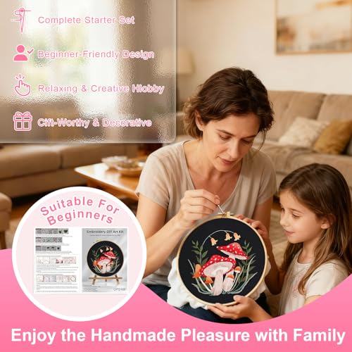 Image of Huacan Embroidery Kit for Beginners Adults Includes Stamped Flower Pattern, Hoop, Color Threads,Tools,Easy to Follow Instruction (Mushroom)