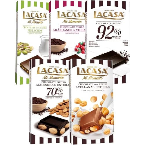 Lacasa pack 5 tabletas de chocolate:leche avellanas, arándanos,leche pistacho 90g,cacao 92%, almendra 200g