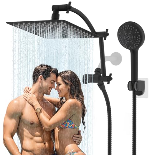 Hibbent All Metal cUPC Certified Shower Head, 12'' High Pressure Rain Shower Head, Handheld Showerhead Combo with 16'' Adjustable Extension Arm, 10 Sprays, 71'' Hose, Showerhead Holder, Matt