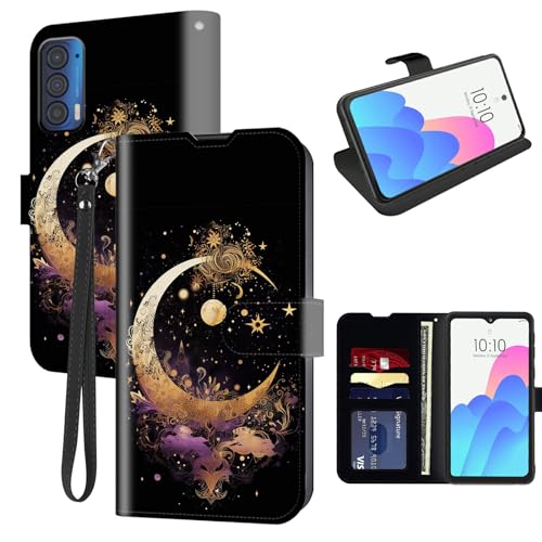 FUYOCWE Case for Motorola Moto Edge 2021/Edge 5G UW Wallet Phone Case with Card Holder Slot,PU Leather Folding Kickstand Magnetic Snap Flip Cover Case w/Wrist Strap-Gold Moon Star