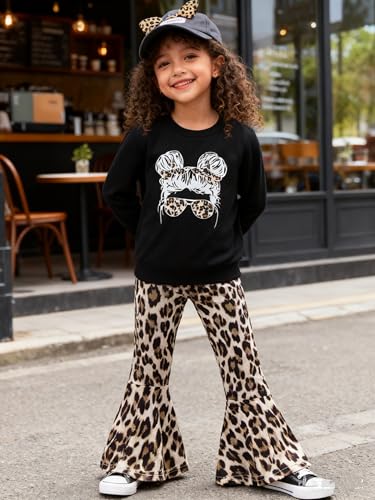 Image of Toddler Girl Clothes Long Sleeve Cartoon & Letter Graphic Top + Fruit Stationery Print Flared Leg Pants