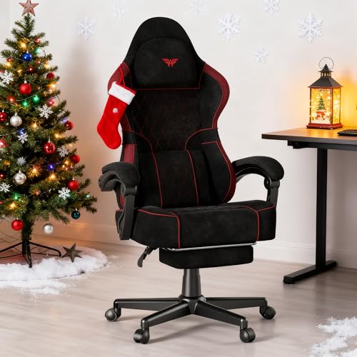 Soontrans Silla Gaming con Cojín Lumbar Masajeador, Silla Gamer con Reposacabezas, Reposapiés, Cadeira Gaming, Tela sintética, Sillas Gaming Altura Ajustable para Juegos (Rojo y Negro)