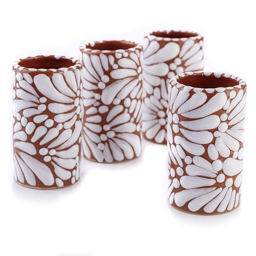 Image of Talavera Shot Glasses Set of 4 Authentic Mexican Tequila Shot Glasses - Hand-painted - 2 Oz (White Brushstroke Terracotta Background)
