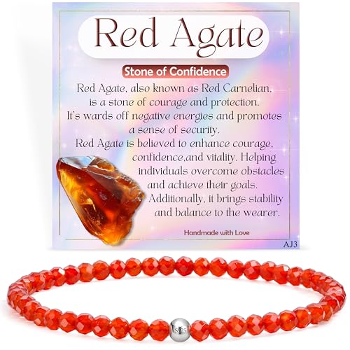 Farfume Crystal Beaded Bracelets for Women, 925 Sterling Silver 4mm Bead Chakra Stretch Bracelets, Gemstone Natural Stone Ladies Jewellery Mother's Day Gifts (Red Agate)