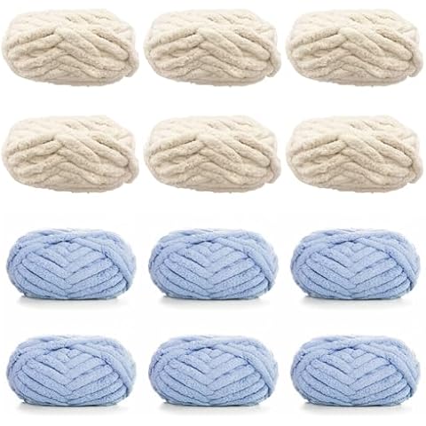 Chunky Chenille Yarn 12 Pack 96oz for Blanket, Beige 3lbs + Grey 3lbs Super Bulky Soft Thick Fluffy Jumbo Giant Washable Polyester Big Yarn Total 12 Pack Cover