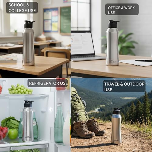 Image of Speedex Stainless Steel Water Bottle 1 Ltr, Leak Proof Sipper Cap, BIS Approved 1000 ml Metal Bottle For Daily, Office, School, Gym, Travel Use for Men, Women, Kids, Adults, Silver, Set of 4