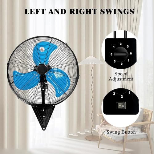 Image of AZOUTDOOR 20 inch Wall Mount Fan, 7000 CFM High Velocity Industrial Wall Fan with 3-Speed Setting, 120 Oscillating Mounted Fans for Warehouse, Workshop, Garage, Patios, Commercial Use ETL Listed, Blue