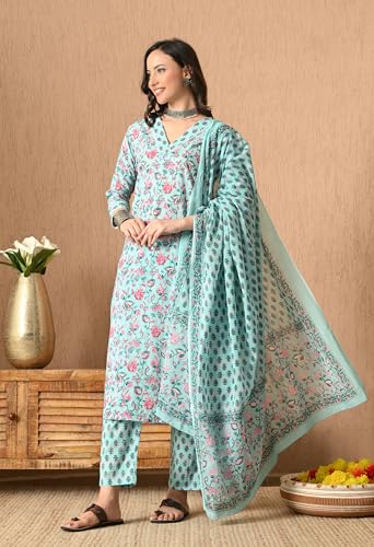 Image of Amazon Brand - Tavasya Women Cotton Anarkali Kurta Pant Dupatta Set | Printed Ethnic Suit Set | Flared Anarkali Kurta with Pant & Dupatta | Festive & Casual Wear