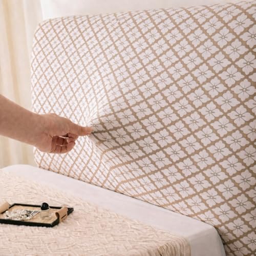 Image of HOMETHREADS 200 GSM Stretchable Jacquard Headboard Cover | Soft, Dust-Proof & Wrinkle-Resistant Bed Back Protector | Fits Leather, Wooden & Fabric Bedsides | for 3ft to 3.5ft Beds (Beige, 90x65Cm)