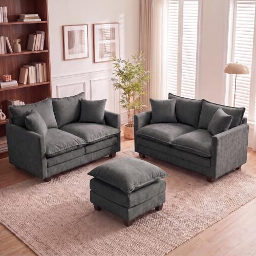 Image of 50'' Loveseat Sofa Set with Ottoman, Small Couch Set 2 Piece Cloud Love Seat 27 inch Deep Seat Washable Pillows Couches for Small Spaces Apartment Living Room, Grey