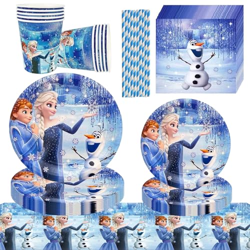 61 Stück Frozen Geburtstags Deko Partygeschirr Set Eisprinzessin Geburtstag Partygeschirr Tableware Partyzubehör Supplies Elsa Geburtstagsparty Deko Teller Servietten Becher Party Deko