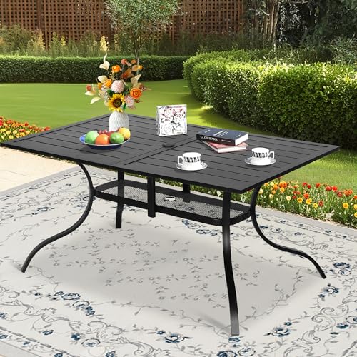 Image of Patio Dining Table, 60 inch x 37 inchOutdoor Rectangular Metal Table,1.57 inch Umbrella Hole, for Backyards, Porches, Gardens or Poolside, Black