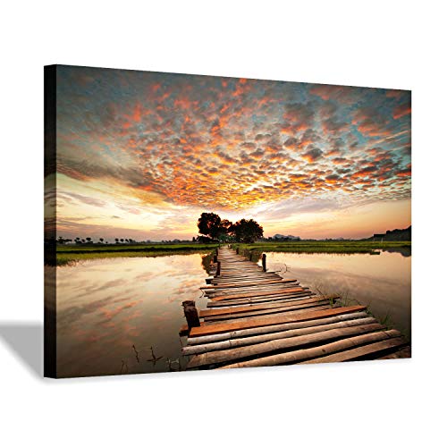 Hardy Gallery Lake Bridge Canvas Picture Artwork: Wooden Bridge Painting