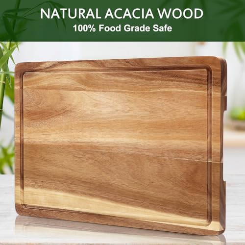Tabla de Cortar de Madera de Acacia GarveeHome, 45,7 cm x 30,5 cm, con Ranura Profunda para Jugos y Asas Internas, Ideal para Carnes, Verduras y Frutas miniatura 3