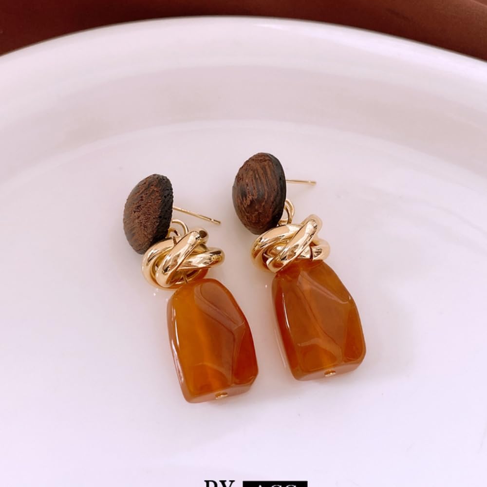 Vintage Dangle Drop Earrings for Women Hypoallergenic S925 Sterling Silver Post Chunky Wood Disc Geometric Resin Dangling Earrings Statement Lightweight Holidays Fashion Jewelry for Her - Image 5