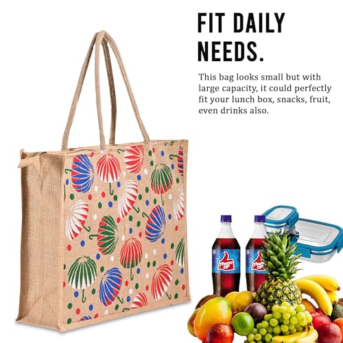 Image of Kuber Industries 2 Pcs Jute Shopping Bag for Women with Handle | Reusable Carry /Shopping Bag for Grocery, fruits & Vegetable | Umbrella Print - Brown