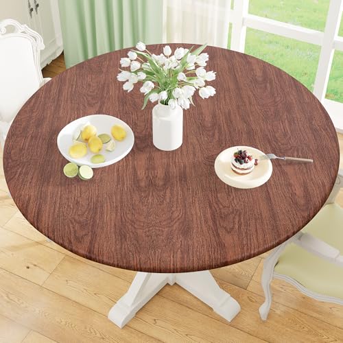 misaya Round Fitted Tablecloth with Elastic Edge, 100% Waterproof Oil Proof Plastic Table Cover, Vinyl Flannel Backed Tablecloth Fits 36