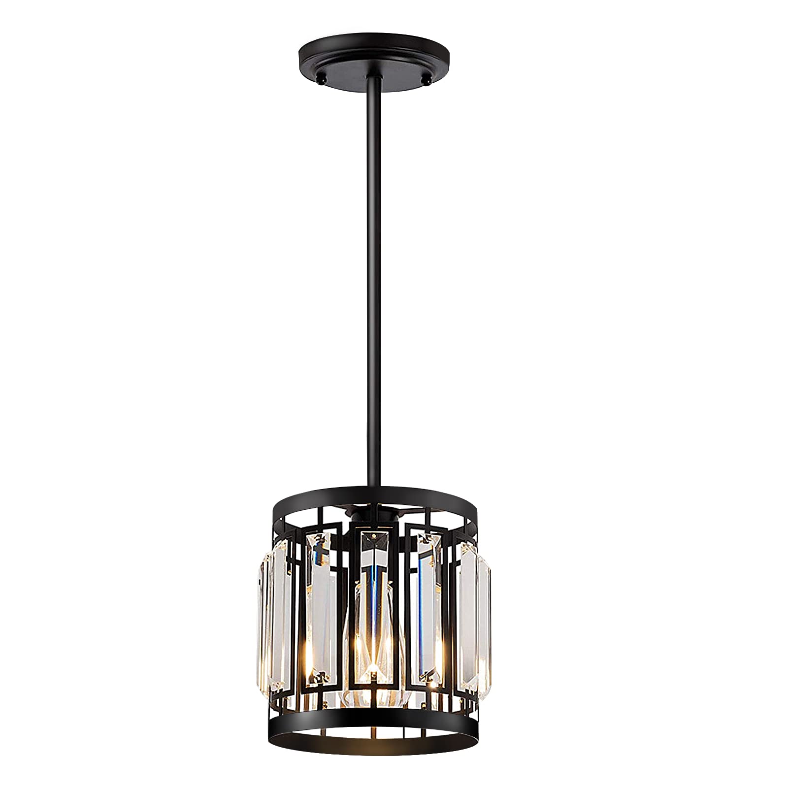 RRJJ Farmhouse Crystal Pendant Light Semi Flush Mount Ceiling Light Fixture, Industrial Chandelier Black Metal Crystal Pendant Light for Hallway Entryway Bedroom Balcony Kitchen Island