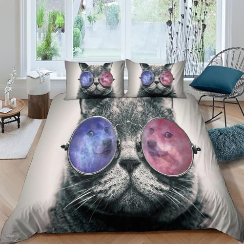Funda nórdica de gato con gafas de sol King de microfibra suave 220x240 cm 2