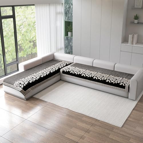 Image of Nendle Superior Velvet Floral Sofa Mat 6 Seater Set Cover Durable Protector for Living Room Sofa Set 3+3, Suitable for L Shape, Sectional and U Shape Sofa (Black, Pack of 2)
