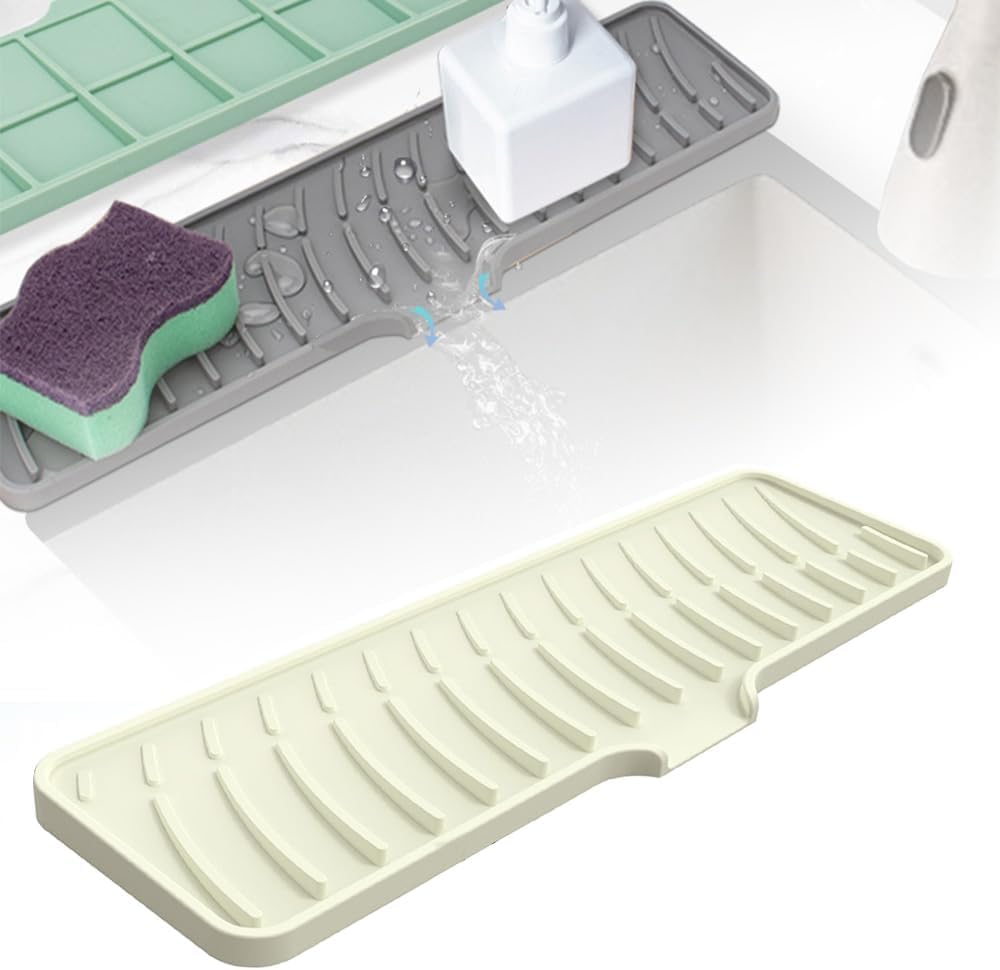 Faucet Mat for Kitchen Sink, 2024 Newest Draining Mat Narrow Bar Mat Silicone Mat, Extended Silicone Draining Mat Non-Slip Drying Mat for Anti-Slip and Drainage (Beige)