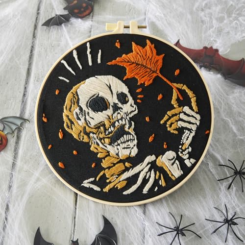 Image of Crafmanoe Halloween Gothic Embroidery Starter Kit for Beginners Adults, Skull Skeleton Stamped Cross Stitch Kits for Beginners Adults, Funny Fall Hand Embroidery Needlepoint Kits with Video Tutorial