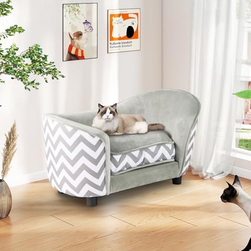 COSTWAY Katzenbett, kleines Hundesofa, 70 x 41 x 40 cm, Katzensofa mit weichem gepolstertem Kissen & waschbarem Bezug, Haustiersofa für kleine Hunde Katzen, Katzencouch bis 50 kg, Grau+Weiß