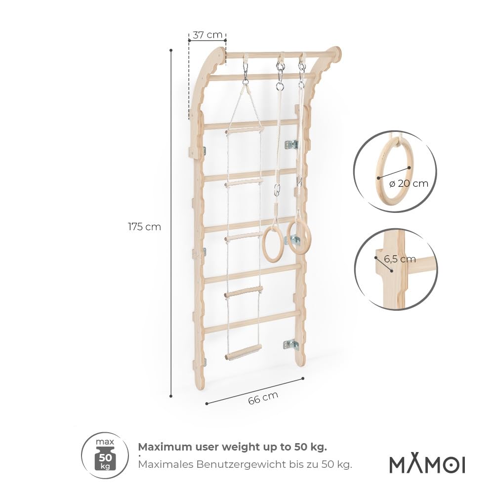 MAMOI® Klettergerüst Indoor, Sprossenwand für kinderzimmer, Turnringe Kinder für Klettern, Kletterwand und spielgeräte, Turngeräte mit Klimmzugstange für drinnen, Sportgeräte