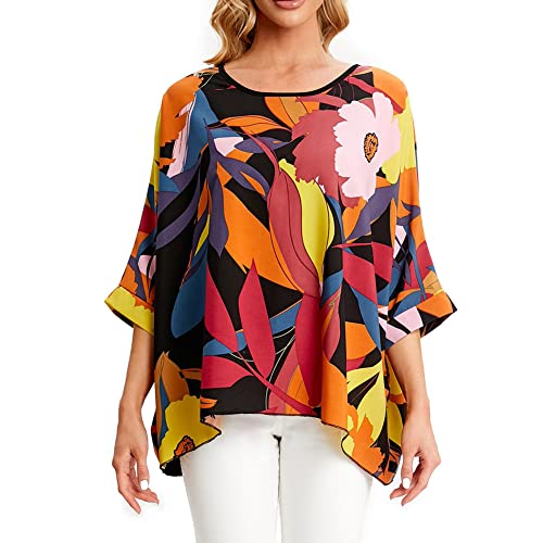 Ckikiou Womens Batwing Loose Chiffon Summer Blouse Tunic Floral Printed Boho Beach Cover ups