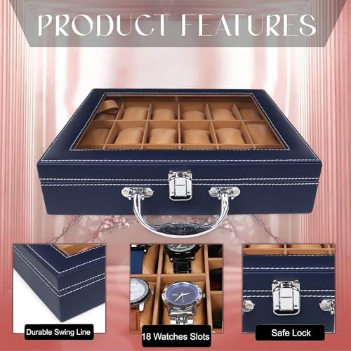 Image of LEDO Luxury Watch Box Organizer with 18 Slots, PU Leather Case, Transparent Display, Blue and Cream Interior, Metal Clasp Lock, Rectangular, Modern Classic Style