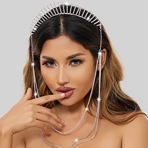 IYOU Mary Halo Crown Headband Silver Sparkly Rhinestone Goddess Headpiece Tassel Wedding Party Costume Hair Tiara Headwear for Women(Silver-B) - Image 4
