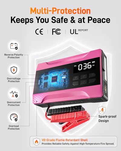 Image of WOLFBOX 2000A Jump Starter with Air Compressor, 37Wh Car Battery Booster Jumper Starter Portable(up to 5L Gas Engine), 12V Jump Box Pack with 150PSI Tire Inflator, Jumper Cables, LED Light - Hot Pink